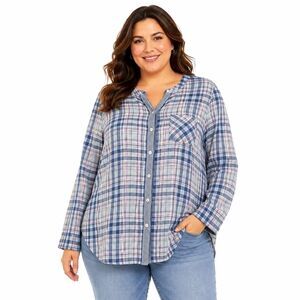 J Jill Tunic Blouse Womens XL Multicolor Plaid Henley Button Long Sleeve Top